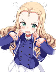 Rule 34 | 10s, 1girl, angry, arm grab, bad id, bad nicoseiga id, bc freedom military uniform, blonde hair, blue jacket, blue vest, cheek pinching, commentary request, drill hair, forehead, fume, girls und panzer, green eyes, high collar, jacket, light frown, long hair, long sleeves, looking at viewer, marie (girls und panzer), miniskirt, open mouth, out of frame, pinching, pleated skirt, ponytail korosuke, pov, shirt, skirt, solo focus, standing, tearing up, trembling, upper body, v-shaped eyebrows, vest, white shirt, white skirt
