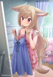 Rule 34 | 1girl, ahoge, animal ear fluff, animal ears, animal print, bear print, blonde hair, blue camisole, blush, camisole, closed mouth, copyright request, cowboy shot, cupboard, dress, fox ears, fox girl, fox tail, frilled shorts, frills, holding, holding clothes, indoors, lens flare, long hair, mirror, necocafe lili, pinafore dress, pink dress, pink shorts, red eyes, short sleeves, shorts, sleeveless, sleeveless dress, solo, stuffed animal, stuffed toy, tail, teddy bear, unworn camisole, very long hair