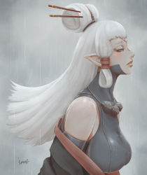 Rule 34 | 1girl, bare shoulders, breasts, facial mark, hair ornament, hair stick, half-closed eyes, highres, jewelry, kumanz, large breasts, long hair, looking at viewer, looking to the side, makeup, necklace, nintendo, paya (zelda), pointy ears, profile, rain, sidelocks, solo, the legend of zelda, the legend of zelda: breath of the wild, white hair