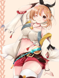 Rule 34 | 1girl, ;), adjusting clothes, adjusting headwear, atelier (series), atelier ryza, atelier ryza 1, belt, bottle, bracelet, brown eyes, brown hair, commentary request, detached sleeves, hair between eyes, hat, highres, jewelry, looking at viewer, midriff, nachosu, navel, necklace, one eye closed, potion, red shorts, reisalin stout, short hair, shorts, sidelocks, simple background, smile, solo, thighhighs, thighs, zettai ryouiki