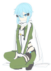 Rule 34 | 1girl, absurdres, arms between legs, blue eyes, blue hair, breasts, cleavage, frown, full body, hair ornament, hair over one eye, hairclip, highres, looking at viewer, scarf, short hair, simple background, sinon, small breasts, solo, squatting, sunhyun, sword art online, white background, white scarf