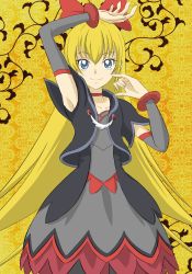 Rule 34 | 1girl, arm warmers, armpits, blonde hair, blue eyes, bow, choker, cropped jacket, crotch seam, detached sleeves, dokidoki! precure, dress, hair bow, long hair, magmaxashi, precure, regina (dokidoki! precure), skirt, solo, yellow background
