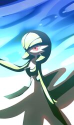 Rule 34 | 1girl, ame (metorui), arm at side, blue background, bob cut, colored skin, creatures (company), female focus, flat chest, full body, game freak, gardevoir, gen 3 pokemon, gradient background, green hair, green skin, hair over one eye, hand up, highres, multicolored skin, nintendo, one eye covered, parted lips, pokemon, pokemon (creature), red eyes, short hair, sketch, solo, standing, two-tone skin, white skin