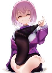 Rule 34 | 10s, 1girl, ^ ^, barefoot, black pantyhose, bow, bowtie, closed eyes, closed mouth, feet, gridman universe, kokone (coconeeeco), long sleeves, pantyhose, pink hair, purple bow, purple bowtie, shaded face, shinjou akane, shirt, short hair, simple background, sitting, smile, soles, solo, ssss.gridman, toes, white background, white shirt