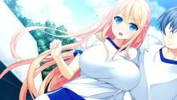 Rule 34 | 1girl, blonde hair, blue eyes, blush, bouncing breasts, breasts, buruma, cloud, donuthouse, furoura aruse noriumu neon, game cg, gym uniform, hair ribbon, large breasts, long hair, looking at viewer, mayachi (amuriya), open mouth, outdoors, ribbon, sky, standing, sunlight, tree, valkyrie runabout!