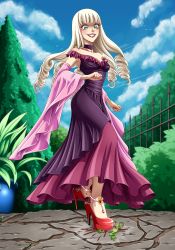 Rule 34 | 1girl, absurdres, anklet, blonde hair, blood, blue sky, choker, crushing, death, dress, drill hair, evil grin, evil smile, femdom, frog, garden, green eyes, grin, high heels, highres, jewelry, long hair, looking down, princess, pumps, red footwear, shoes, sky, smile, stepped on, stiletto heels, stomping, trample, twin drills