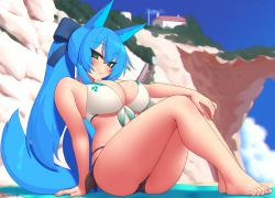 Rule 34 | smile, animal ears, arm rest, arm support, bare arms, bare legs, bare shoulders, barefoot, bikini, blue bow, blue hair, blush, bow, breasts, cleavage, closed mouth, commission, day, feet, front-tie bikini top, front-tie top, full body, green eyes, hair between eyes, hair bow, knees up, kuroonehalf, large bow, large breasts, legs, long hair, looking at viewer, multi-strapped bikini, multicolored bikini, multicolored clothes, outdoors, ponytail, sitting, smile, swimsuit, tail, tail raised, thighs, toes