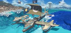 Rule 34 | absurdres, aircraft, airship, boat, building, day, dock, fantasy, flag, gelgeldeep, highres, no humans, outdoors, pier, pixiv fantasia, pixiv fantasia age of starlight, scenery, tower, vehicle focus, watercraft