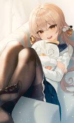 Rule 34 | 1girl, absurdres, black pantyhose, black sailor collar, black skirt, blue archive, brown eyes, cardigan, dongyu, hair between eyes, hifumi (blue archive), highres, light brown hair, long hair, long sleeves, low twintails, open mouth, pantyhose, peroro (blue archive), pleated skirt, sailor collar, skirt, smile, solo, teeth, toes, twintails, upper teeth only, white cardigan