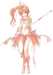Rule 34 | 1girl, :d, absurdres, breasts, center opening, die blonde bestie, full body, head tilt, highres, legs, long hair, looking at viewer, medium breasts, open mouth, orange eyes, orange hair, original, polearm, revealing clothes, side ponytail, simple background, smile, solo, spear, standing, underboob, weapon, white background