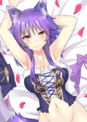 1girl, animal ears, arm behind head, armpits, arms up, bangs, bare shoulders, bed sheet, blush, bow, breasts, cleavage, closed mouth, collarbone, commentary request, corset, crop top, detached sleeves removed, dutch angle, eyebrows visible through hair, fang, fang out, groin, hair between eyes, iseshi, large breasts, long hair, looking at viewer, makoto (princess connect!), navel, petals, princess connect!, princess connect! re:dive, purple bow, purple hair, purple skirt, purple sleeves, sidelocks, skirt, skirt removed, solo, stomach, tail, upper body, wolf ears, wolf tail, yellow eyes