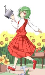Rule 34 | 1girl, flower, green hair, highres, kazami yuuka, long sleeves, open clothes, open vest, red eyes, shirt, skirt, skirt set, smile, solo, sunflower, touhou, vest, watering can, yamato (muchuu paradigm)