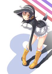 Rule 34 | 10s, 1girl, absurdres, black hair, blush, boots, breasts, brown eyes, diagonal stripes, from above, full body, gentoo penguin (kemono friends), hair between eyes, headphones, highres, john zhang, john zheng, kemono friends, leaning forward, long hair, medium breasts, open mouth, outstretched arm, penguin tail, pigeon-toed, pleated skirt, salute, silhouette, skirt, solo, striped, tail, white background, white skirt, yellow footwear, zipper