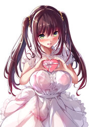 Rule 34 | 1girl, blush, bow, box, bra, bra visible through clothes, breasts, brown hair, commentary, cowboy shot, curvy, dress, embarrassed, eyes visible through hair, frilled bra, frilled dress, frilled panties, frilled sleeves, frills, gift, green eyes, hair between eyes, hair ornament, hair scrunchie, hands up, heart, heart-shaped box, heart hands, highres, holding, holding gift, large breasts, lingerie, long dress, long hair, looking at viewer, nose blush, open mouth, original, panties, panties visible through clothes, pink bra, pink panties, ribbon, scrunchie, see-through, see-through dress, short sleeves, sidelocks, simple background, smile, solo, straight hair, sumisuzu, twintails, underwear, upturned eyes, valentine, white background, white bow, white dress, white ribbon, yellow scrunchie