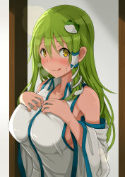 Rule 34 | 1girl, :q, bare shoulders, blush, breasts, breath, collarbone, commentary request, detached sleeves, frog hair ornament, green hair, hair between eyes, hair ornament, hair tubes, hands on own chest, highres, kochiya sanae, large breasts, long hair, long sleeves, looking at viewer, nose blush, opanchu (hakusen), shirt, sideboob, single sidelock, sleeveless, sleeveless shirt, smile, snake hair ornament, solo, sweat, tongue, tongue out, touhou, upper body, white shirt, wide sleeves, yellow eyes