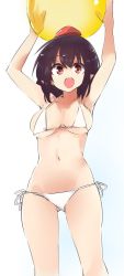 Rule 34 | 1girl, arms up, ball, beachball, bikini, black hair, breasts, cleavage, collarbone, feet out of frame, gluteal fold, hat, kamukamu (ars), looking at viewer, medium breasts, open mouth, pointy ears, red eyes, shameimaru aya, side-tie bikini bottom, simple background, smile, solo, standing, swimsuit, tokin hat, touhou, white background, white bikini