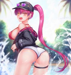 Rule 34 | 1girl, absurdres, arrow through heart, ass, baseball cap, beach, bikini, black hat, black jacket, blush, breasts, dolphin shorts, eyewear on head, halterneck, hat, heart, heart-shaped eyewear, heterochromia, high ponytail, highres, hololive, hood, hooded jacket, houshou marine, houshou marine (summer), jacket, large breasts, leaning forward, long hair, looking at viewer, open mouth, palm tree, ponytail, red bikini, red eyes, red ribbon, ribbon, short shorts, shorts, sideboob, skindentation, solo, string bikini, sunglasses, sunglasses on head, swimsuit, thigh strap, tree, tropical, twisted torso, very long hair, virtual youtuber, white shorts, yaoto, yellow eyes