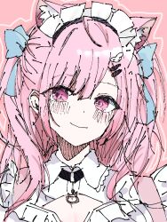 1girl animal_ear_fluff animal_ears blue_ribbon blush cat_ears commentary_request dot_nose hair_ornament hair_ribbon hairclip indie_virtual_youtuber long_hair looking_to_the_side maid maid_headdress parted_bangs pink_background pink_eyes pink_hair portrait ribbon simple_background sketch smile solo two_side_up user_afgh8827 virtual_youtuber wing_hair_ornament yuuki_sakuna