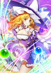 Rule 34 | 1girl, adapted costume, blonde hair, blush, bow, breasts, cleavage, collarbone, commentary request, cowboy shot, detached collar, detached sleeves, dress, gloves, grin, hat, hat bow, holding, kirisame marisa, large breasts, light particles, long hair, looking at viewer, magic circle, petticoat, puffy short sleeves, puffy sleeves, purple bow, purple dress, purple hat, sea scorpion (umisasori), short sleeves, smile, solo, strapless, strapless dress, striped, striped bow, thighs, touhou, white bow, white gloves, witch hat, yellow eyes