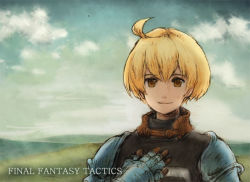 Rule 34 | 1boy, ahoge, blonde hair, field, final fantasy, final fantasy tactics, gloves, knight, looking at viewer, male focus, piranosuke, ramza beoulve, short hair, smile, solo