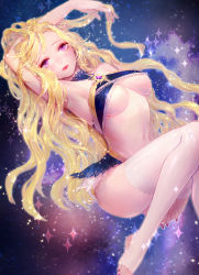 Rule 34 | 1girl, armpits, blonde hair, breasts, heather37, highres, long hair, nail polish, original, over-kneehighs, purple eyes, revealing clothes, solo, star (symbol), starry background, thighhighs, underboob, wavy hair, white thighhighs