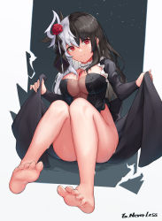 Rule 34 | 1girl, absurdres, aoria, ass, barefoot, black hair, black leotard, breasts, cleavage, commission, convenient leg, feet, flower, foot focus, foreshortening, hair flower, hair ornament, highleg, highleg leotard, highres, jewelry, knees up, large breasts, leotard, long hair, long sleeves, looking at viewer, multicolored hair, necklace, original, red eyes, red flower, rose, sitting, smile, solo, split-color hair, thighs, two-tone hair, wet, white hair