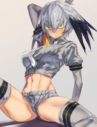 Rule 34 | 10s, 1girl, adapted costume, arm behind head, arm up, black hair, blouse, blush, breast pocket, breasts, closed mouth, crop top, cropped shirt, gluteal fold, green eyes, grey background, grey hair, grey shirt, grey shorts, hair between eyes, highres, kemono friends, large breasts, layered sleeves, long hair, long sleeves, looking at viewer, low ponytail, micro shorts, midriff, multicolored hair, muscular, muscular female, navel, necktie, okki (studio okki), orange hair, pocket, shirt, shoebill (kemono friends), short over long sleeves, short shorts, short sleeves, shorts, side ponytail, sidelocks, simple background, sitting, slit pupils, solo, spread legs, stomach, thighhighs, toned, white necktie