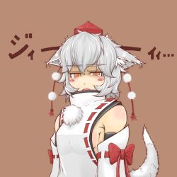Rule 34 | 1girl, animal ears, blush stickers, breasts, colorized, cube85, detached sleeves, fang, hat, inubashiri momiji, md5 mismatch, no bra, open mouth, orange eyes, sideboob, silver hair, solo, staring, tail, tokin hat, touhou, upper body, wolf ears, wolf tail