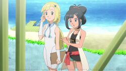Rule 34 | 2girls, :o, aged up, beach, black hair, blonde hair, blush, braid, closed mouth, collarbone, creatures (company), day, detached sleeves, dress, eyelashes, finger counting, game freak, green eyes, green shorts, grey eyes, hair ornament, lillie (pokemon), long hair, looking down, mixed-language commentary, multiple girls, nintendo, noelia ponce, outdoors, pier, pokemon, pokemon sm, sand, selene (pokemon), shore, shorts, sleeveless, sleeveless dress, smile, white dress