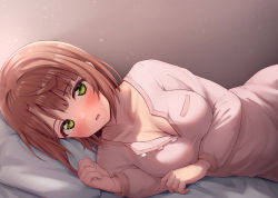 Rule 34 | 1girl, bed sheet, blush, breasts, brown background, brown hair, cleavage, collarbone, gradient background, green eyes, head on pillow, highres, large breasts, long sleeves, looking at viewer, love live!, love live! nijigasaki high school idol club, on bed, open mouth, pajamas, short hair, solo, toyasu aina, uehara ayumu