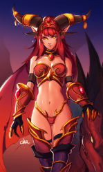 Rule 34 | 1girl, alexstrasza, bare shoulders, black gloves, breasts, closed mouth, distr, dragon, earrings, gloves, highres, horn ornament, horn ring, horns, jewelry, long eyebrows, long hair, looking at viewer, medium breasts, navel, pointy ears, red hair, solo, standing, thigh strap, vambraces, warcraft, wings, world of warcraft, yellow eyes