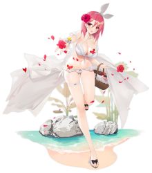 Rule 34 | 1girl, azur lane, basket, bikini, black bow, black prince (azur lane), black prince (white princess) (azur lane), bow, breasts, character name, cleavage, closed mouth, collarbone, criss-cross halter, flower, flustered, footwear bow, foreshortening, frilled bikini, frills, full body, hair bow, hair flower, hair ornament, hairband, halterneck, highres, large breasts, looking at viewer, official alternate costume, official art, petals, pink eyes, pink flower, pink hair, sandals, see-through, smile, solo, suisai (suisao), swimsuit, thigh strap, thighs, transparent background, white bikini, white bow, white footwear, white hairband