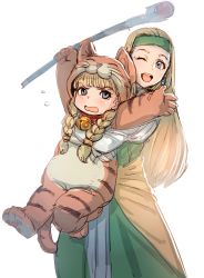 Rule 34 | 2girls, :d, animal costume, animal print, bell, blonde hair, blue eyes, bow (bhp), braid, child, d:, dragon quest, dragon quest xi, dress, green dress, hands up, headband, holding, holding person, holding staff, jingle bell, long hair, multiple girls, one eye closed, open mouth, senya (dq11), simple background, smile, staff, tiger costume, tiger print, twin braids, veronica (dq11), waist cape, white background