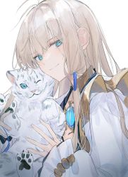 Rule 34 | 1boy, ;), absurdres, ahoge, animal, aqua eyes, blonde hair, blue gemstone, closed mouth, fate/grand order, fate/grand order arcade, fate (series), gem, gold trim, highres, holding, holding animal, jewelry, long hair, long sleeves, looking at viewer, male focus, nemo (fate), noah (fate), one eye closed, robe, sherry 0014, simple background, smile, solo, tiger, turban, upper body, very long hair, white background, white robe, white tiger