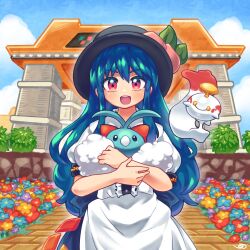 Rule 34 | 1girl, :d, black headwear, blue hair, chimecho, commission, commissioner upload, creatures (company), flower, food, frills, fruit, game freak, gen 3 pokemon, highres, hinanawi tenshi, holding, holding pokemon, leaf, long hair, looking at viewer, nintendo, open mouth, peach, pmx, pokemon, pokemon (creature), red eyes, shirt, short sleeves, skeb commission, skirt, smile, swablu, touhou