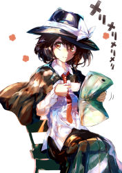 Rule 34 | 1girl, black skirt, bow, brown eyes, brown hair, capelet, collared shirt, cup, fedora, hair between eyes, hat, hat bow, highres, holding, holding cup, long sleeves, looking at viewer, necktie, newspaper, parted lips, puffy long sleeves, puffy sleeves, red necktie, sakushou, shirt, skirt, smile, solo, touhou, usami renko, white background, white bow, white shirt