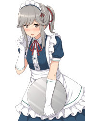 Rule 34 | 1girl, alternate costume, anchor symbol, apron, blue dress, blush, brown eyes, dress, elbow gloves, frilled apron, frills, gloves, grey hair, highres, holding, holding tray, kantai collection, long hair, looking at viewer, maid headdress, nakamura sumikage, neck ribbon, parted lips, ponytail, ribbon, simple background, solo, swea, tray, usugumo (kancolle), white apron, white background, white gloves