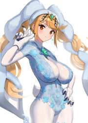 Rule 34 | 1girl, alternate costume, alternate hairstyle, animal costume, animal ears, animal hands, blonde hair, blush, bodysuit, braid, breasts, chest jewel, commentary request, cosplay, dahlia (xenoblade), dahlia (xenoblade) (cosplay), earrings, fake tail, gonzarez, highres, jewelry, large breasts, long hair, looking at viewer, mythra (xenoblade), open mouth, rabbit costume, rabbit ears, rabbit tail, simple background, smile, solo, swept bangs, tail, twin braids, very long hair, white background, white bodysuit, xenoblade chronicles (series), xenoblade chronicles 2, yellow eyes