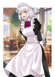 Rule 34 | 1girl, absurdres, blush, breasts, dress, fate/grand order, fate (series), gloves, grey hair, highres, jeanne d&#039;arc alter (avenger) (fate), jeanne d&#039;arc alter (fate), large breasts, long sleeves, looking at viewer, maid, open mouth, short hair, smile, solo, tomotomow00w, yellow eyes