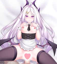 Rule 34 | 1boy, 1girl, apron, bed sheet, blue archive, blush, breasts, demon horns, demon wings, forehead, gabriel evangel, hetero, highres, hina (blue archive), horns, long hair, looking at viewer, low wings, lying, maid, missionary, multiple horns, necktie, nipples, on back, parted bangs, purple horns, sex, simple background, small breasts, spread legs, teardrop, thighhighs, thighs, white hair, wings
