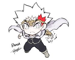 Rule 34 | 1boy, adachi takafumi, artist name, beyblade, black pants, black shirt, boots, cape, character name, chibi, clenched hand, gold headband, grey footwear, male focus, metal fight beyblade, multicolored hair, open hand, pants, red hair, ryuga (beyblade), shirt, solo, streaked hair, v-shaped eyebrows, white background, white cape, white hair