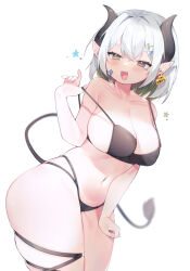 Rule 34 | 1girl, @ @, arm at side, ass, bandaid, bandaid on face, bikini, black bikini, black horns, blush, breasts, colored inner hair, commentary, commission, cow tail, cowboy shot, ear tag, green eyes, grey eyes, grey hair, hair ornament, hairpin, hand up, heart stickers, heterochromia, highres, horns, huge ass, large breasts, looking at viewer, medium breasts, multicolored hair, navel, open mouth, original, pointy ears, sen light, sideboob, simple background, smile, solo, star (symbol), sticker on face, strap pull, swimsuit, tail, thigh strap, white background