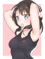 Rule 34 | 1girl, armpits, arms up, bang dream!, black hair, black tank top, blue eyes, hair ornament, hair tie, hair tie in mouth, hairclip, hands in pockets, highres, looking at viewer, medium hair, mouth hold, okusawa misaki, pink background, rustysalmon, simple background, solo, tank top, upper body
