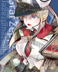 Rule 34 | 10s, 1girl, blonde hair, blue background, blue eyes, blush, breasts, capelet, female focus, graf zeppelin (kancolle), hat, itomugi-kun, kantai collection, large breasts, long hair, machinery, md5 mismatch, open mouth, pale skin, pantyhose, resized, solo, twintails