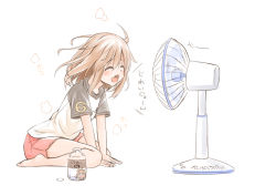 Rule 34 | 10s, 1girl, alternate costume, barefoot, blush, bottle, brown hair, commentary request, electric fan, closed eyes, fan speaking, fang, fujishima shinnosuke, hands on ground, ikazuchi (kancolle), kantai collection, leaning forward, milk, open mouth, shirt, short sleeves, shorts, sitting, solo, translated, wariza