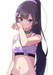Rule 34 | 1girl, afnroll, black hair, blue archive, choker, closed mouth, crop top, flower, green choker, hair flower, hair ornament, hand up, highres, light blush, long hair, looking at viewer, midriff, ponytail, purple eyes, simple background, solo, sports bra, sumire (blue archive), sweat, upper body, white background