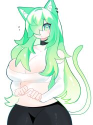 Rule 34 | animal ears, blush, breasts, cat, cat ears, cat girl, cat tail, choker, cleavage, ear piercing, green eyes, green hair, highres, huge breasts, leggings, lime (togetoge), long hair, looking at viewer, midriff, multicolored hair, ochacolle, one eye covered, original, piercing, tail, thick thighs, thighs, two-tone hair, wide hips