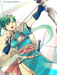 Rule 34 | 1girl, absurdres, bow (weapon), earrings, fingerless gloves, fire emblem, fire emblem: the blazing blade, fire emblem heroes, gloves, green eyes, green hair, high ponytail, highres, jewelry, long hair, lyn (fire emblem), nintendo, nishimura (nianiamu), ponytail, side slit, simple background, solo, sword, weapon, white background