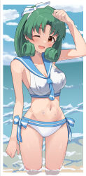 Rule 34 | 1girl, arm up, bare shoulders, bikini, blue neckerchief, blue sailor collar, blue sky, blurry, blurry background, blush, breasts, brown eyes, cleavage, clenched hands, cloud, collarbone, cowboy shot, curly hair, day, dot nose, ebifu, green hair, hair ribbon, highres, horizon, idolmaster, idolmaster million live!, idolmaster million live! theater days, looking at viewer, medium breasts, navel, neckerchief, ocean, one eye closed, open mouth, outdoors, outside border, parted bangs, partially submerged, ribbon, sailor bikini, sailor collar, sailor swimsuit (idolmaster), short hair, side-tie bikini bottom, sky, smile, solo, standing, swimsuit, tokugawa matsuri, wading, wet, white bikini, white ribbon