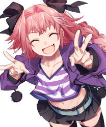 Rule 34 | 1boy, :d, ^ ^, astolfo (fate), astolfo (memories at trifas) (fate), belt, black ribbon, black skirt, black thighhighs, braid, closed eyes, commentary request, cowboy shot, double v, fang, fate/apocrypha, fate (series), hair intakes, hair ribbon, happy, highres, jacket, long hair, long sleeves, male focus, midriff, mihatarou, navel, official alternate costume, open clothes, open jacket, open mouth, pink hair, pleated skirt, purple jacket, ribbon, shirt, simple background, single braid, skirt, smile, solo, striped clothes, striped shirt, thighhighs, trap, v, white background, zettai ryouiki